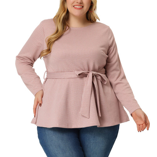 Agnes Orinda Women's Plus Size Peplum Top 2023 Belted Tie Houndstooth Blouse Office Work Long Sleeve Tunic Shirts 1X Pink White