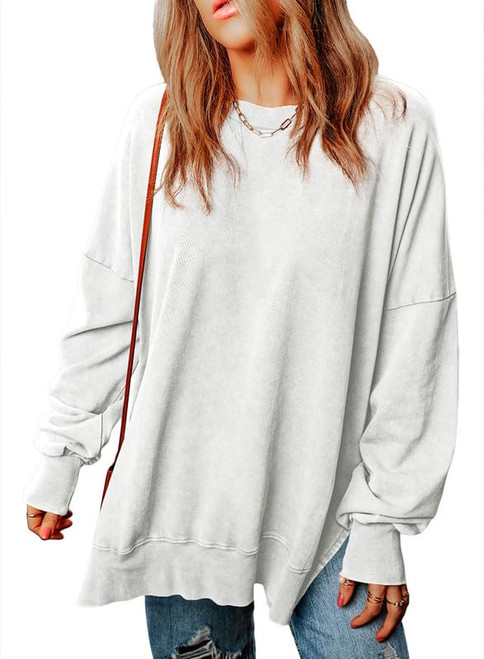 SHEWIN Sweatshirt for Women Loose Fit Casual Long Sleeve Lightweight Pullover Tops Loose Crewneck Sweatshirts Fall Outfits Women Trendy,US 8-10(M),Bright White