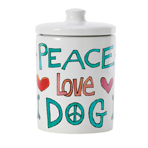 Enesco Izzy and Oliver Stephanie Burgess Painted Peace Love Dog Food Jar Treat Container, 7.25 Inch, Multicolor