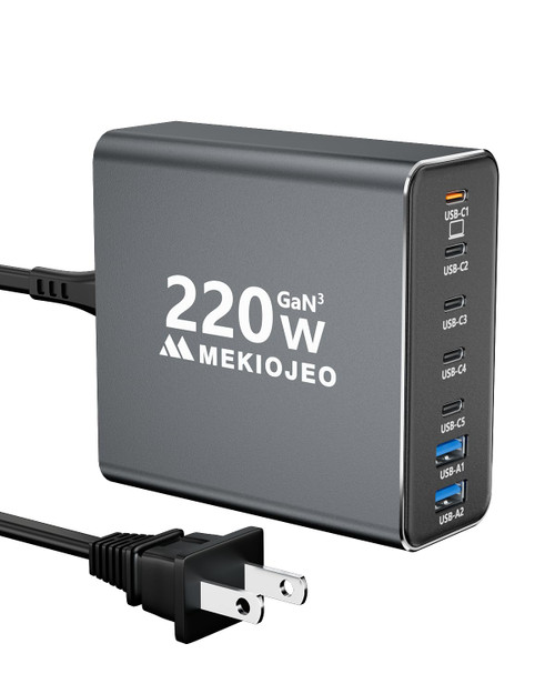 Aluminum Alloy USB C Charger 220W GaN Charger Fast USB C Charging Station 7 Ports 65W Laptop Charger for MacBook Pro/Air/iPad Pro/iPhone (Grey)