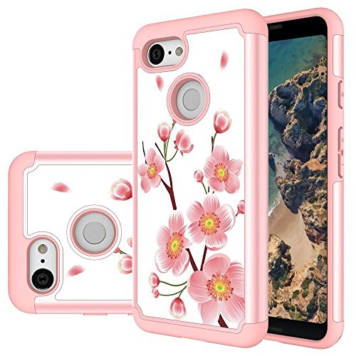 Pixel 3 case, Google Pixel 3 case, MAIKEZI Hybrid Dual Layer TPU Plastic Armor Defender Phone Case Cover for Google Pixel3 (Rose Gold Flower)