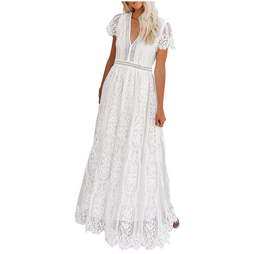 Frostluinai Women's Wedding Dresses V Neck Floral Lace Long Maxi Bridesmaid Dress Elegant Short Sleeve Cocktail Party Evening Gowns White