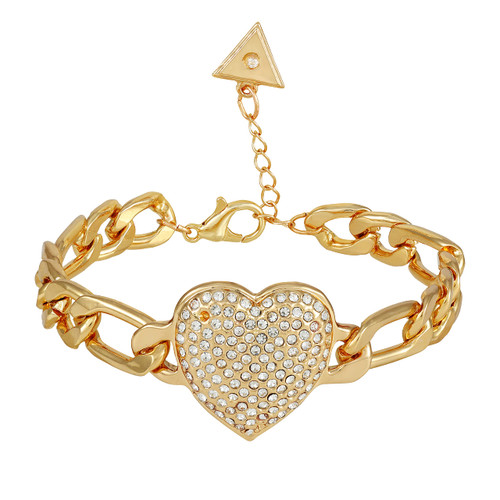 GUESS Goldtone Statement Chunky Curb Bracelet With Pave Heart Pendant