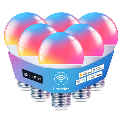 Consciot Smart Light Bulbs, WiFi Bluetooth Color Changing LED Light Bulb, A19 E26 RGBTW Light Bulbs That Works with Alexa/Google Home/Apple Home/Siri, Music Sync, 60W Equivalent Smart Bulb, 6 Pack