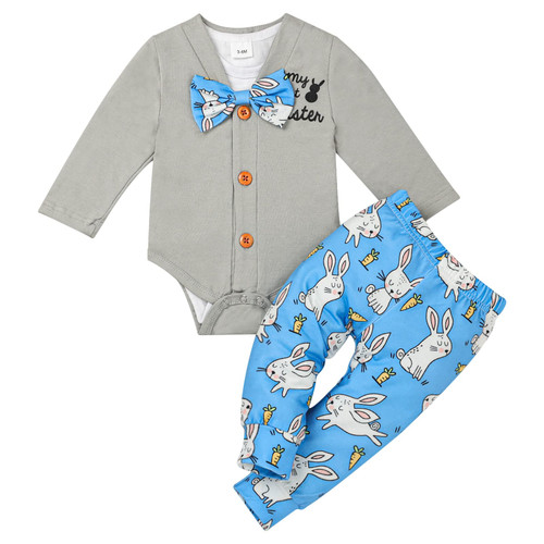 FOCICI Baby Boy Easter Outfit My First Easter Newborn Bunny Romper Rabbit Jacket Long Pant 3PCS Clothes Set Grey 0-3 Months