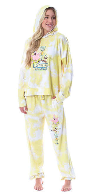 INTIMO Spongebob Squarepants Tie Dye Womens' Pajama Loungewear Hooded Jogger Set (Small) Yellow