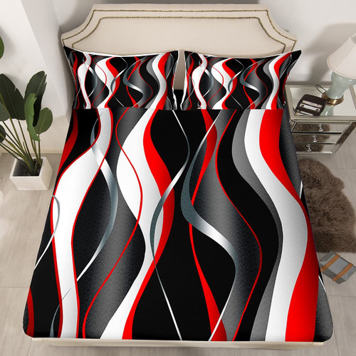 Feelyou Red Grey Black Bed Sheet Set Geometric Spiral Pattern Bedding Sheets for Kids Boys Girl Modern Abstract Bedding Fitted Sheet Grey White Bed Cover 1 Bed Sheet Set with 1 Pillowcase Twin Size