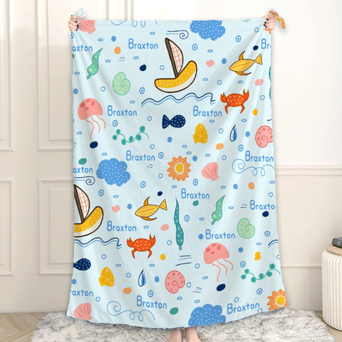 Ottoy Personalized Name Blanket Personalized Ocean Animals Throw Blanket Custom Name Blanket for Boys Girls Personalized Gifts Name Blanket for Couch Sofa Travel 50"x40" for Kids