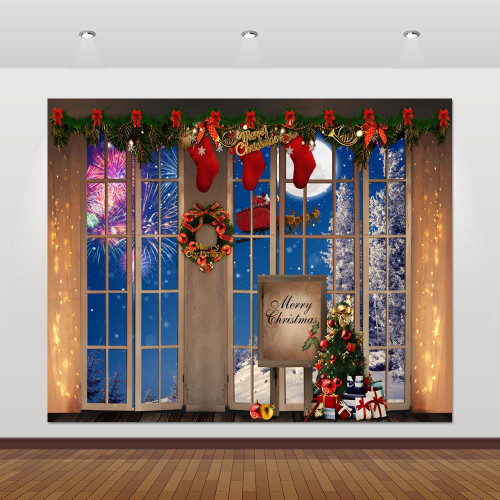 Merry Christmas Backdrop 10x8ft for Photo Window Winter Forest Snow Santa Claus Moon Xmas Tree Blue Christmas Theme Background Christmas Party Backdrops for Photography Photo Booth Decorations