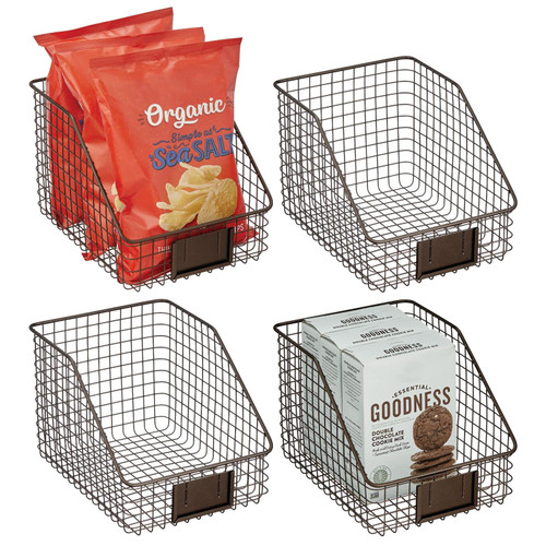 mDesign Small Slanted Metal Kitchen Food Storage Organizer Bin Basket, Label Slot for Cabinet, Countertop, Pantry, Holder Container for Produce, Fruit, Vegetable, Omaha Collection - 4 Pack - Bronze