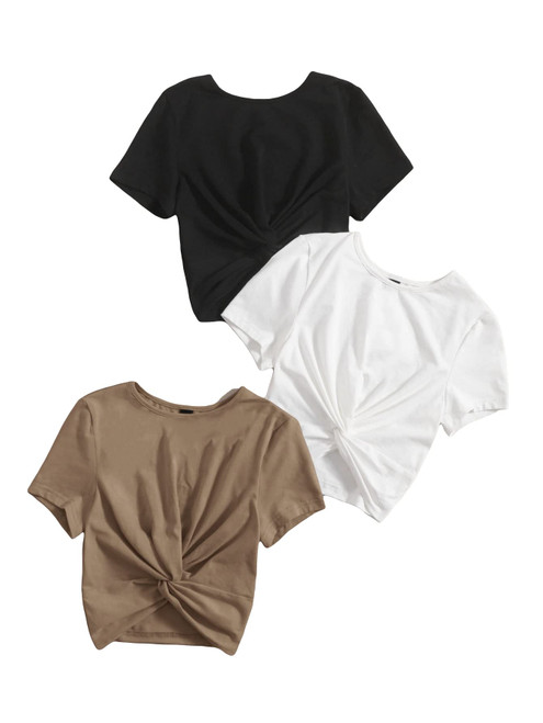 SOLY HUX Women's 3 Piece Twist Front Solid Basic Summer T Shirt Short Sleeve Fitted Crop Tee Tops Black White Brown L