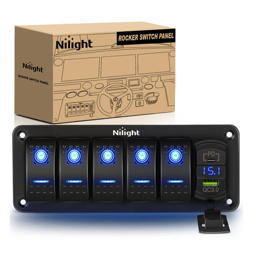 Nilight 5 Gang Rocker Switch Panel Blue Backlit with PD Type C and USB Charger Voltmeter Waterproof 12V 24V DC Rocker Switch with Night Glow Stickers for Car Trucks Boats RVs, 2 Years Warranty