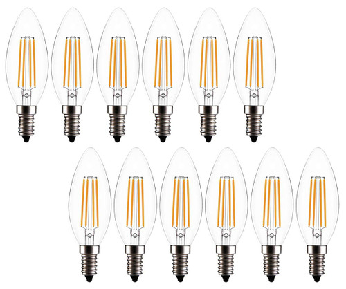 Bulbright LED Candelabra Bulb, Dimmable B11 2W LED Filament Candle Bulb, E12 Base, Warm White 2700K, LED Light Bulb 20W Equivalent, 110-120VAC, 12 Pack (Transparent Glass, 2 Watt)