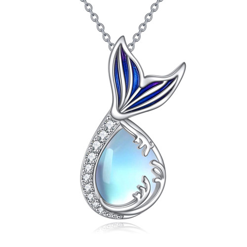 PORTCAS Mermaid Moonstone Necklace Sterling Silver Teardrop Wave Pendant Jewelry Sea Gifts for Girls Women