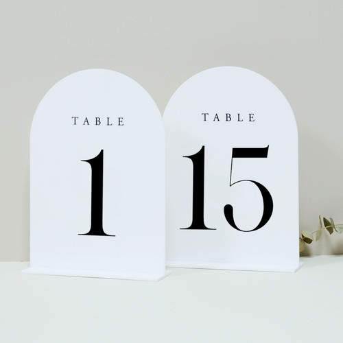 JINMURY White Arch Acrylic Table Numbers 1-15 with Stand, 5x7" White Arch Acrylic Sign and Holder Wedding Table Numbers for Reception, Centerpiece, Event (White Table Numbers 1-15, 5x7 Inch)
