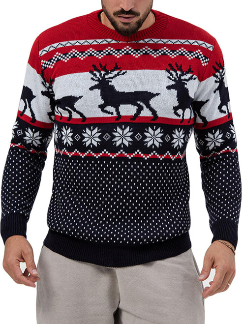 Runcati Mens Ugly Christmas Sweater Pullover Long Sleeve Reindeer Snowflake Soft Knitted Sweaters Red