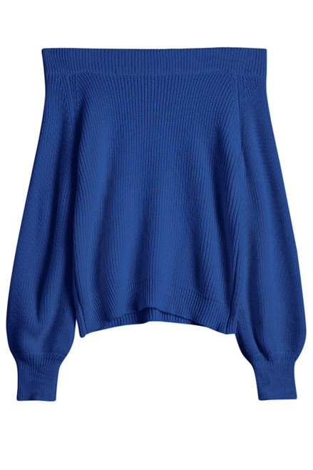 ZAFUL Women Off Shoulder Sweater Long Sleeve Knit Sweater Loose Pullover Jumper Tops(1-Blue, L)