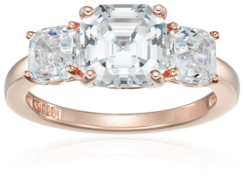 Amazon Collection Rose Gold-Plated Sterling Silver Infinite Elements Cubic Zirconia Asscher-Cut 3-Stone Anniversary Ring, Size 6