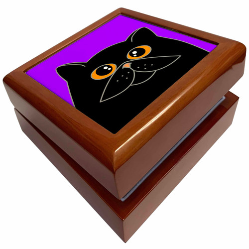 3dRose The Curious Cat Black with Orange Eyes Purple, Jewelry Box jb-31210-1