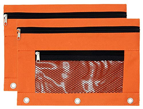 Pencil Pouch 3 Ring Zipper Pencil Pouch with Double Pocket and Mesh Window (Orange,2 Packs)