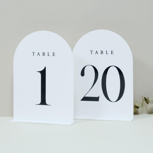 JINMURY White Arch Acrylic Table Numbers 1-20 with Stand, 5x7" White Arch Acrylic Sign and Holder Wedding Table Numbers for Reception, Centerpiece, Event (White Table Numbers 1-20, 5x7 Inch)