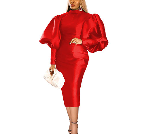 AOMEI Women's Stand Collar Long Lantern Sleeve High Waist Bodycon Christmas Maxi Dress (Red,XL)