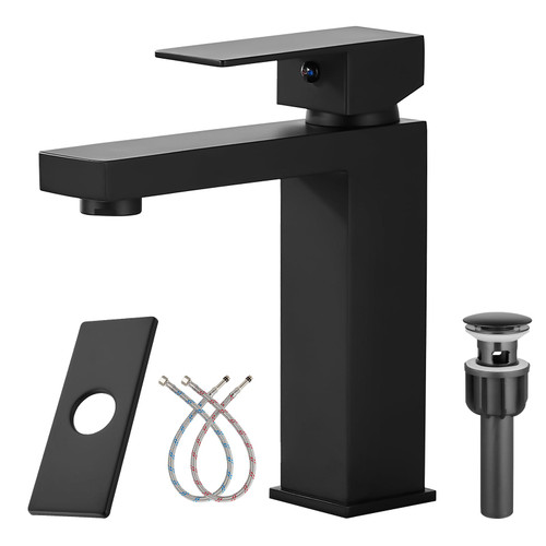 Heyalan Bathroom Sink Faucet Matte Black SUS304 Stainless Steel Single Handle Bathroom Faucets for Sink 1 hole Basin Mixer Tap Deck Mount Vessel Sink Faucets Lavatory Vanity with Pop Up Drain