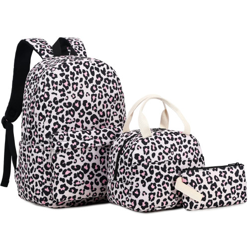 Mimfutu Leopard School Backpack for Teen Girls, 3-in-1 Kids Backpack Bookbag Set School Bags with Lunch Box Pencil Case