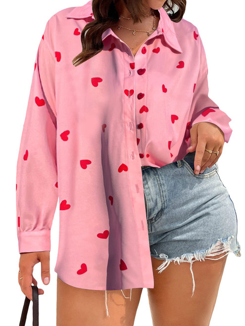 OYOANGLE Women's Plus Loose Oversize Top Casual Long Sleeve Elegant Work Blouse Button Down Shirt Pink Heart 3XL
