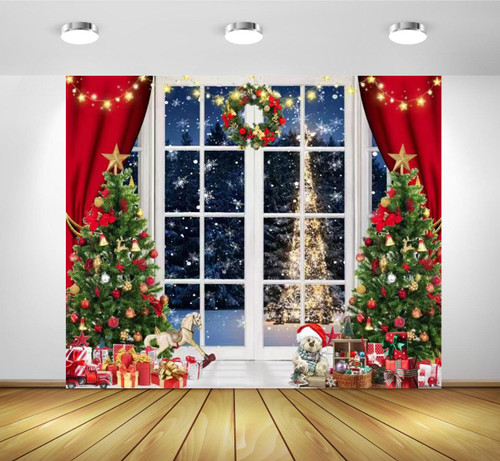 Christmas Backdrop for Photography 10x8ft Window Winter Night Forest Xmas Tree Snowflake Red Curtain Background Christmas Party Decorations Photo Backdrops for Photoshoot Photo Booth