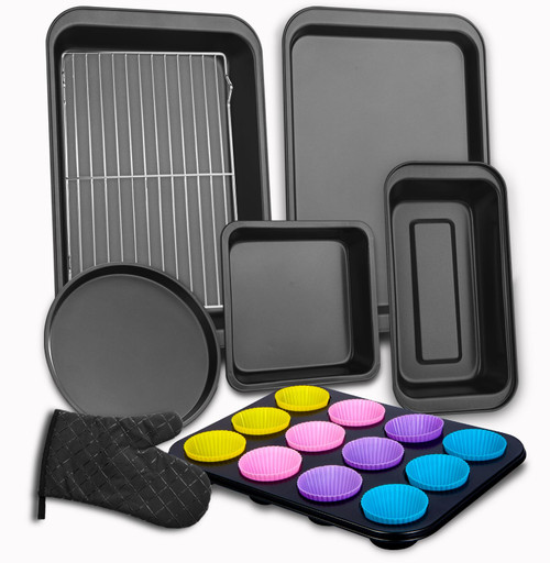 Nonstick Baking Pans Set, 9 Pieces Stackable Bakeware Set with Non-stick Coating Pizza Pan, Muffin Pan, Square Cake Pan, Loaf Pan, Baking Sheet, Baking Tray, Cooling Rack and Oven Mitt Nonstick Baking Pans Set, 9 Pieces Stackable Bakeware Set with Non-stick Coating Pizza Pan, Muffin Pan, Square Cake Pan, Loaf Pan, Baking Sheet, Baking Tray, Cooling Rack and Oven Mitt