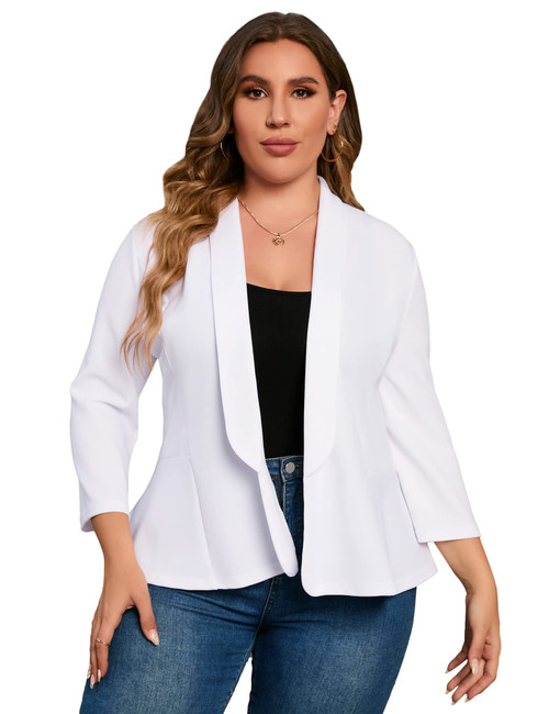 KOJOOIN Women Plus Size Casual Blazer Open Front Long Sleeve Work Office Cardigan Jackets White 2XL