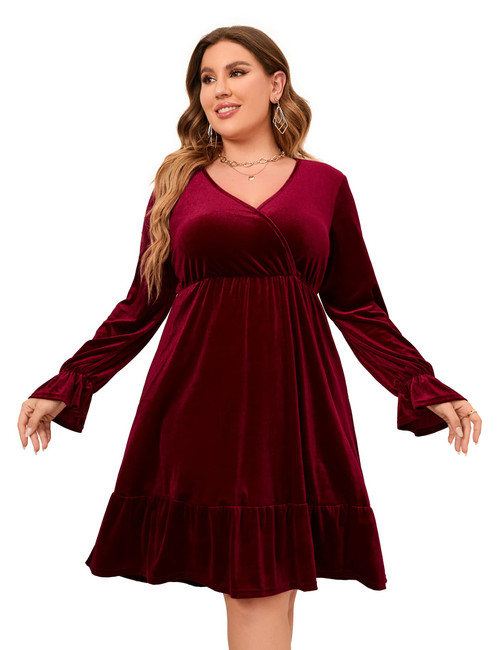 KOJOOIN Plus Size Velvet Dress Women V Neck Wrap Midi Dress Long Sleeve Babydoll Fall Dress Ruffle Hem Cocktail Party Dress Wine Red 5XL KOJOOIN Plus Size Velvet Dress Women V Neck Wrap Midi Dress Long Sleeve Babydoll Fall Dress Ruffle Hem Cocktail Party Dress Wine Red 5XL