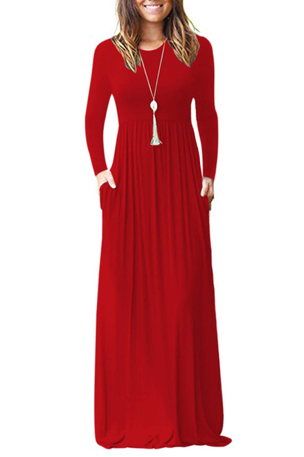 AUSELILY Women Long Sleeve Loose Plain Plus Size Maxi Dresses Casual Long Dresses with Pockets (3XL, Red)