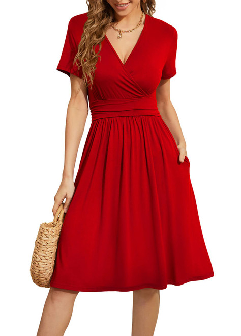 WEACZZY Summer Dresses for Women Casual Short Sleeve Red Dress Wrap V-Neck Party Dress with Pockets, Red, Small WEACZZY Summer Dresses for Women Casual Short Sleeve Red Dress Wrap V-Neck Party Dress with Pockets, Red, Small
