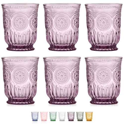 Yungala Purple Glassware, set of 6 purple drinking glasses small textured colored vintage glass cups