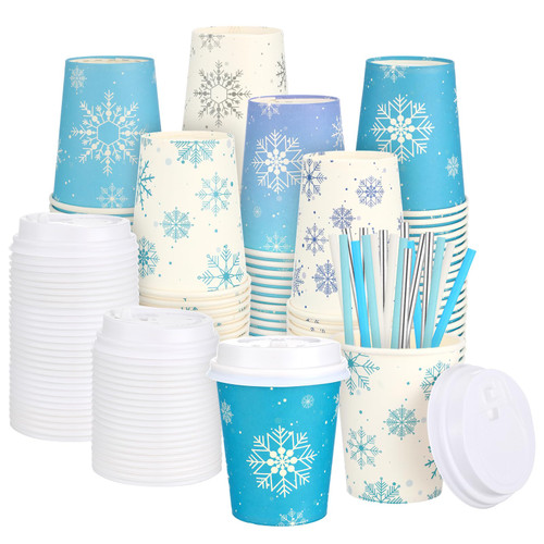 Suttmin Christmas Snowflake Disposable Coffee Cups Hot Coffee Paper Cups with Lids and Straws Disposable Coffee Espresso Cups Tea Cups for Christmas Holiday Party Supplies (Snowflake Style, 9oz)