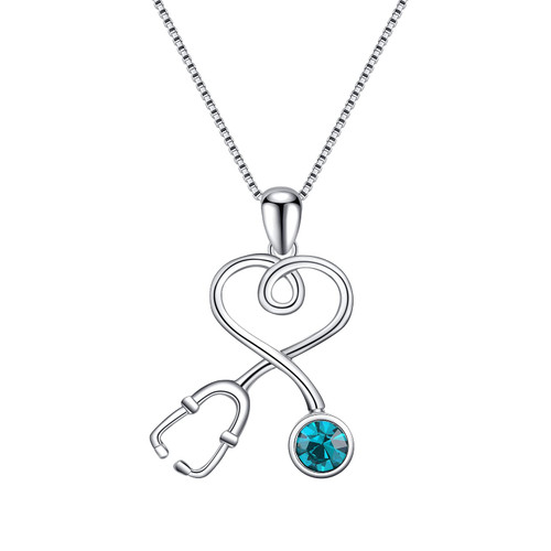 AOBOCO Sterling Silver Stethoscope Necklace for Women Infinity Heart Pendant Simulated Blue Zircon Birthstone Austria Crystal Doctor Nurse Necklace, Jewelry Gifts for Doctor Nurse Medical Students