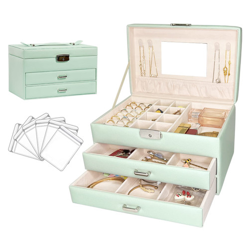 Jewelry Boxes for Women, 3-Layer Large Jewelry Box Organizer with Lock and Key, PU Leather Jewelry Display Case with 2 Drawers, Mirror for Bracelet Earring Necklace and Rings