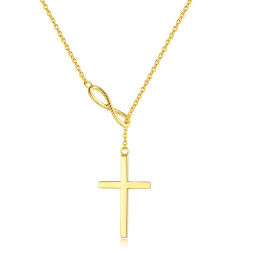 FANCIME Yellow Gold Plated 925 Sterling Silver High Polished Infinity Cross Adjustable Choker Pendant Lariat Necklace Y Necklace Easter Gift for Women Girls, 18"