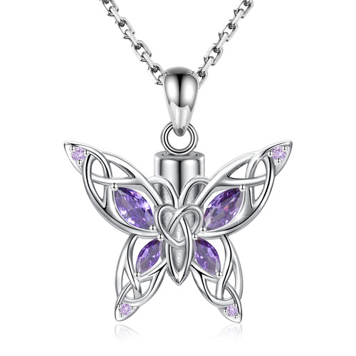 MANBU Butterfly Cremation Urn Necklace for Ashes - 925 Sterling Silver Memorial Keepsake with CZ Pendant Jewelry Women Keepsake Bereavement Gift for A Loss of the Loved One (Purple)