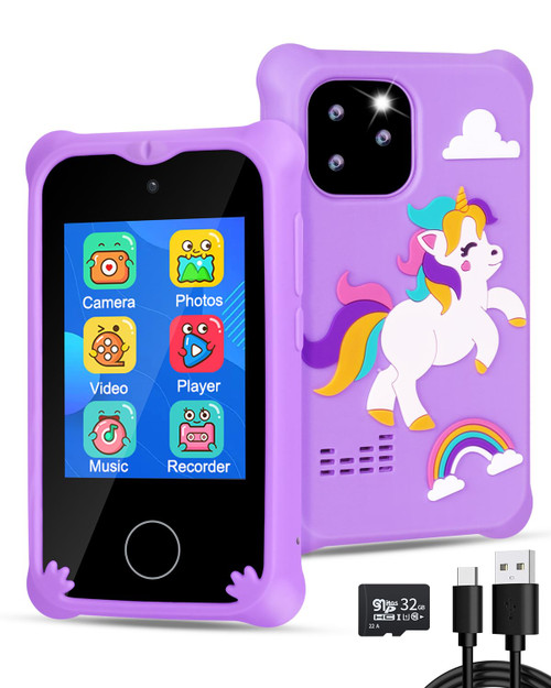 BESTOONE Kids Smart Phone Toys for 3 4 5 6 Year Old Girls, Toddler Touchscreen Phone with Dual Camera, MP3 Music Player, Educational Games, and 32GB SD Card, Christmas Birthday Gifts for Kids Ages 3-8