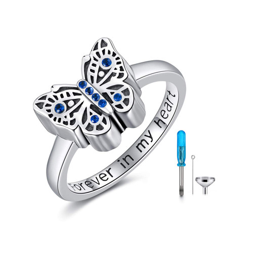 AOBOCO 925 Sterling Silver Butterfly Cremation Urn Ring Holds Loved Ones Ashes, Forever in My Heart Urn Ring for Ashes for Women, Cremation Memorial Keepsake Ring Jewelry with Austrian Crystals