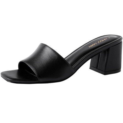 PIZZ ANNU Women's Square Open Toe Heels Sandals Low Block Chunky Heeled Sandal Slip on Mules Comfortable Casual Dress Pumps Shoes, Black 9