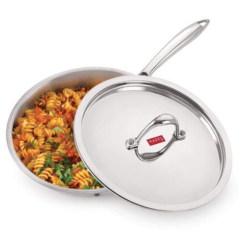 Hazel Tri Ply Stainless Steel Frying Pan with Lid | Tri Ply Cookware with Handle | Induction Base Bottom Deep Fry Pan with Steel Lid, 60.9 OZ Hazel Tri Ply Stainless Steel Frying Pan with Lid | Tri Ply Cookware with Handle | Induction Base Bottom Deep Fry Pan with Steel Lid, 60.9 OZ