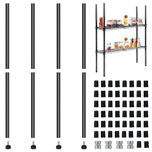 Beeveer 4 Pack Chrome Wire Shelving Posts with 50 Pcs Wire Shelf Clips, Commercial Heavy Duty Wire Shelving Poles Wire Shelf Accessories Wire Shelving Clips for 1" Post Shelving, Black (36 Inch)