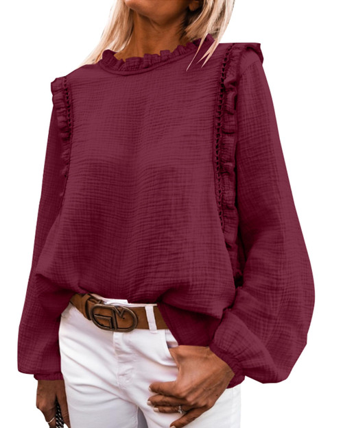 PRETTYGARDEN Women's Fall Fashion Blouse Dressy Casual Long Sleeve Crewneck Ruffle Loose Pullover Tops Shirt (Wine Red,Medium)