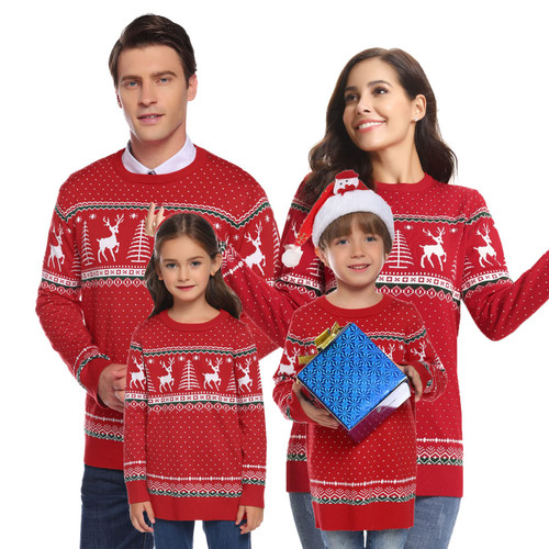 Totatuit Men Ugly Christmas Sweater Long Sleeve Knit Pullover Round Neck Sweatshirts Snowflakes Reindeer Tops Red