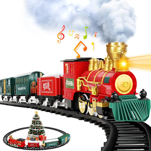 Gloween Train Set - Electric Train Toy for Boys & Girls, Christmas Train Sets for Under The Tree, Railway Kit with Smoke, Sound, Light, Cargo Cars & Tracks, for 3, 4, 5, 6, 7, 8+ Year Old Kids - S1
