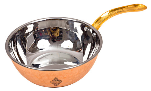 Indian Art Villa Steel Copper Hammered Serving Pan with Brass Handle, Serveware Tableware, Home Restaurant, Diameter 7" Inch